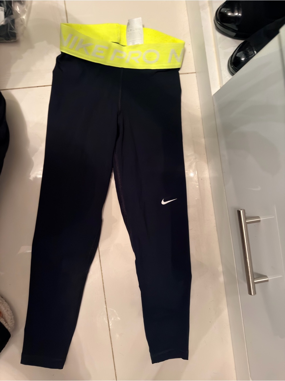 Nike womens Black Leggings with Neon Yellow Waistband